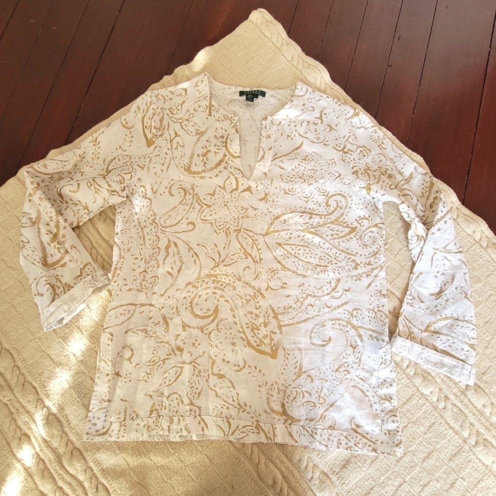 Lauren Ralph Lauren 100% Linen Gold Ivory Floral Print Shimmer Tunic size L